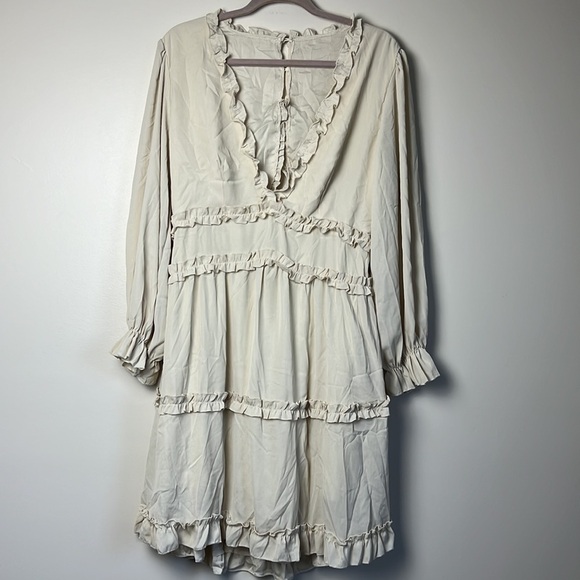 Beige Deep V Neck Ruffle Long Sleeve Floral Print Mini Dress Size XL - Picture 7 of 13